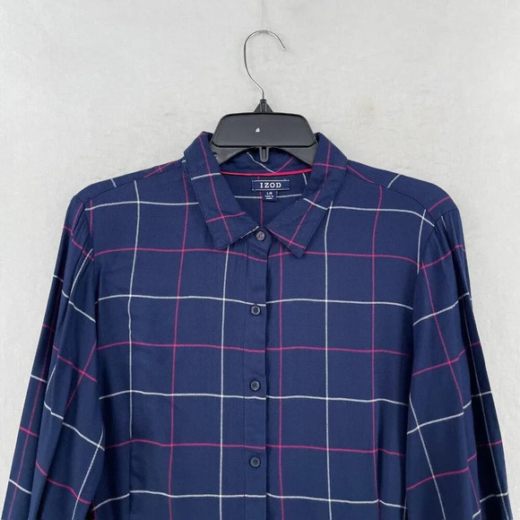 Izod Shirt Women's Sz L Blue Button-Up Windowpane Collared Regular Lightweight - Picture 6 of 12